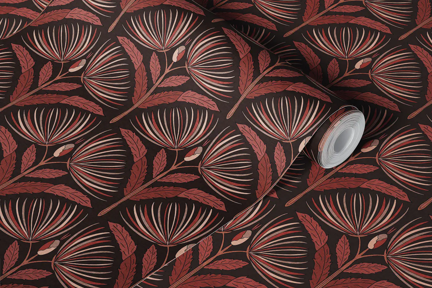 Art Deco Spider Mums - Cocoa - M wallpaper roll
