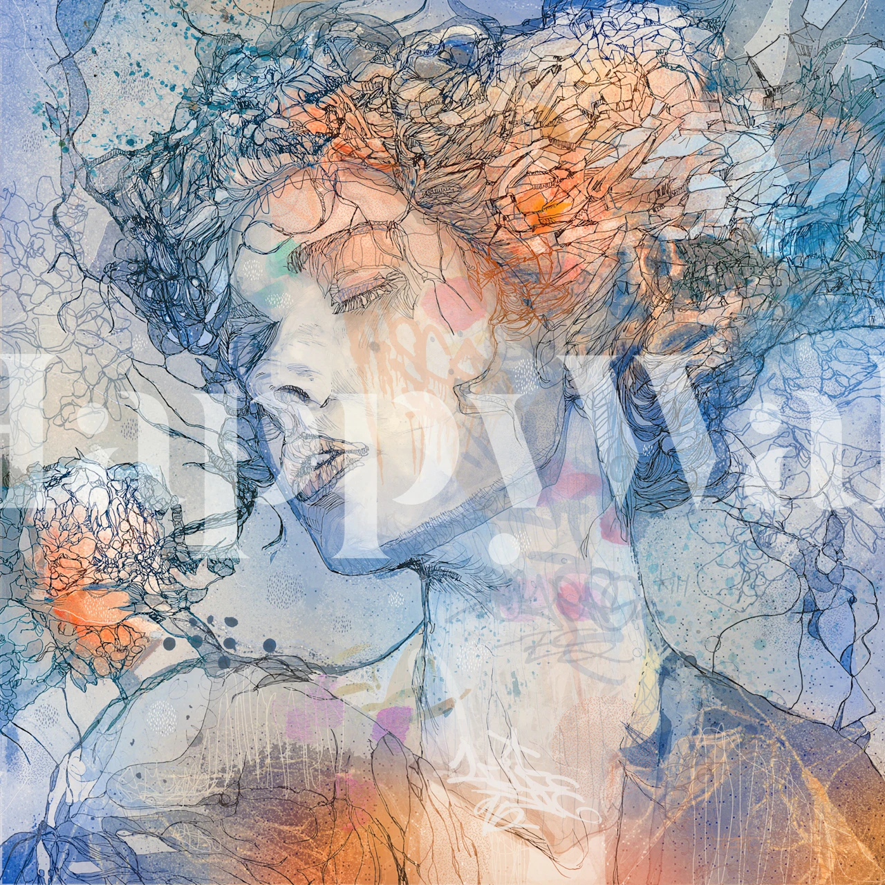 Floral patterns with blue, pink, and abstract detailing wallpaper