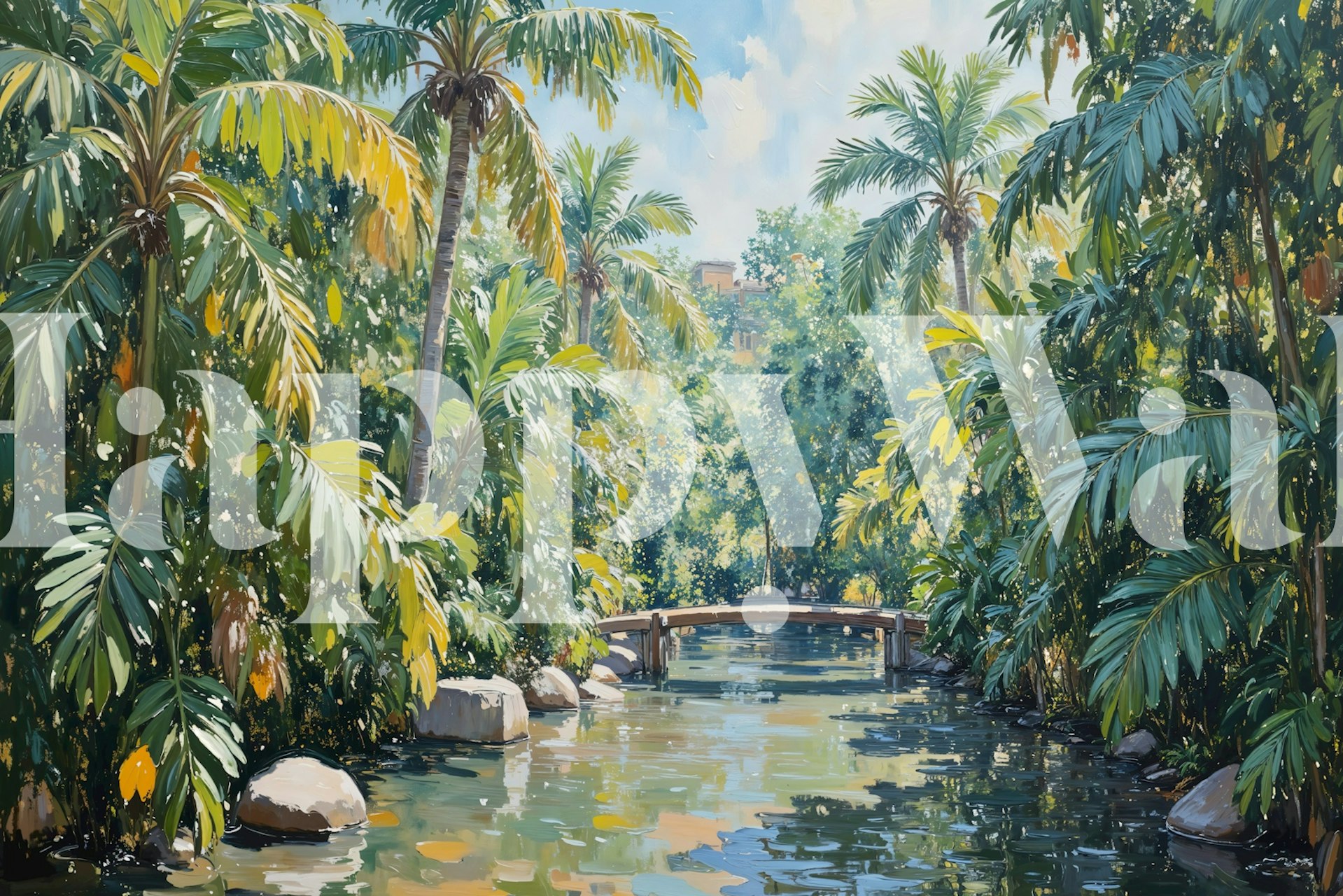 Tropical jungle mural with palm trees and a serene river