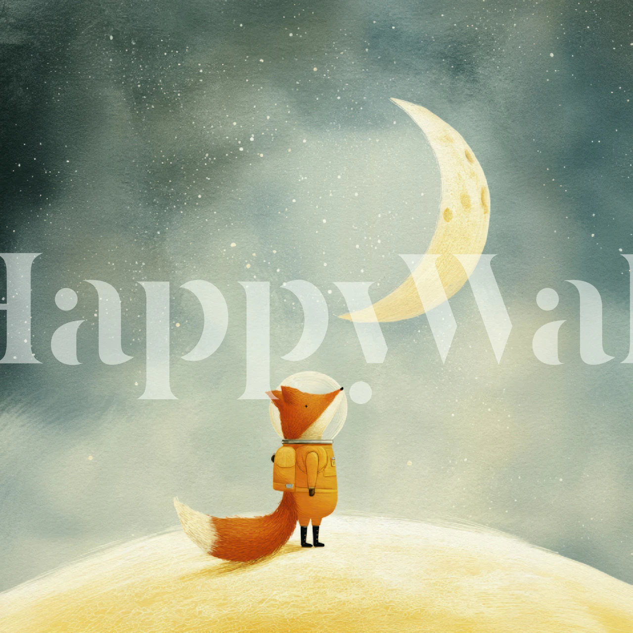 Astronaut fox looking at the moon on a starry night wallpaper