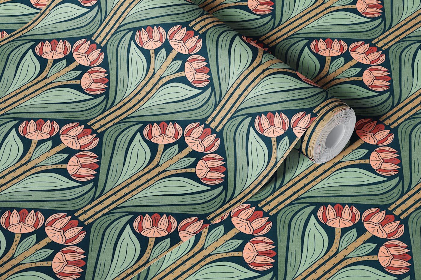 Deco Tulips in Sage & Coral -M wallpaper roll