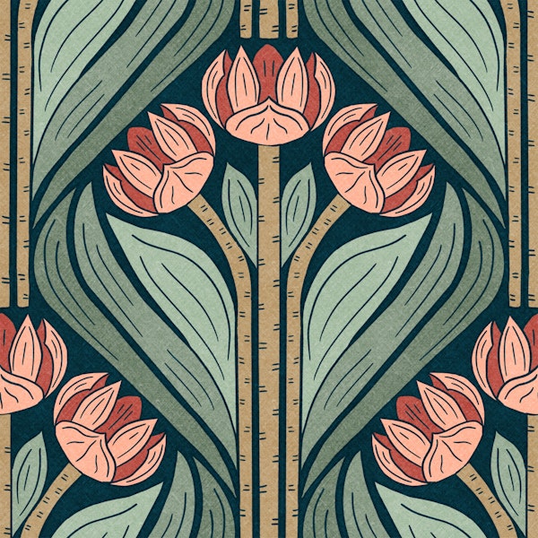 Art Deco Tulips in Sage and Coral -  L