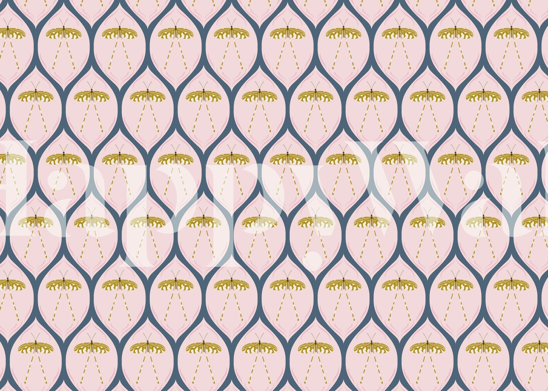 Pink floral design with gold insect motifs wallpaper