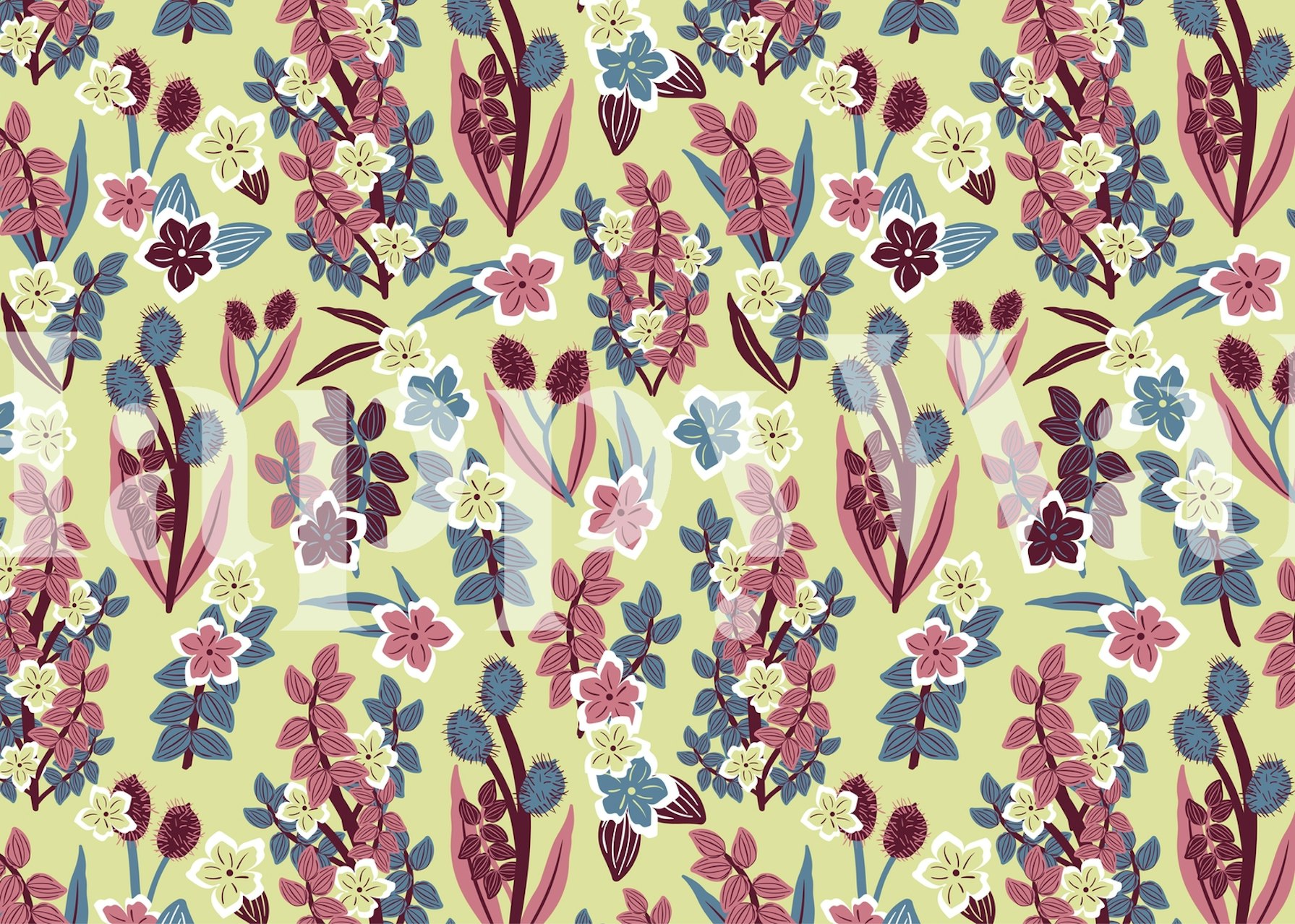 Φλοράλ τοιχογραφία με Flower cascade yellow, μπλε και μωβ λουλούδια που δημιουργούν ένα κ cascading εφέ σε ουδέτερο φόντο