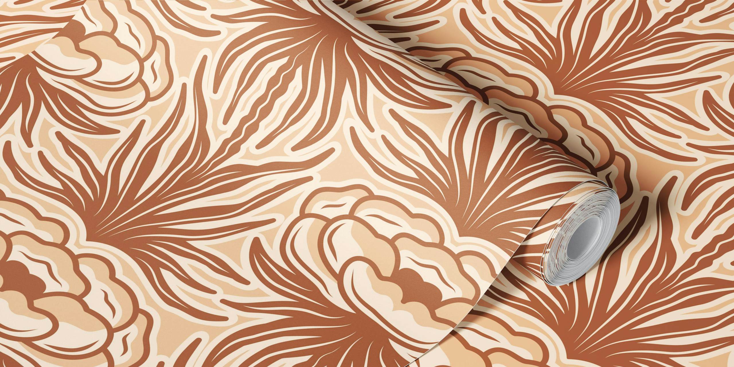 Vintage peony blossoms brown wallpaper in a room