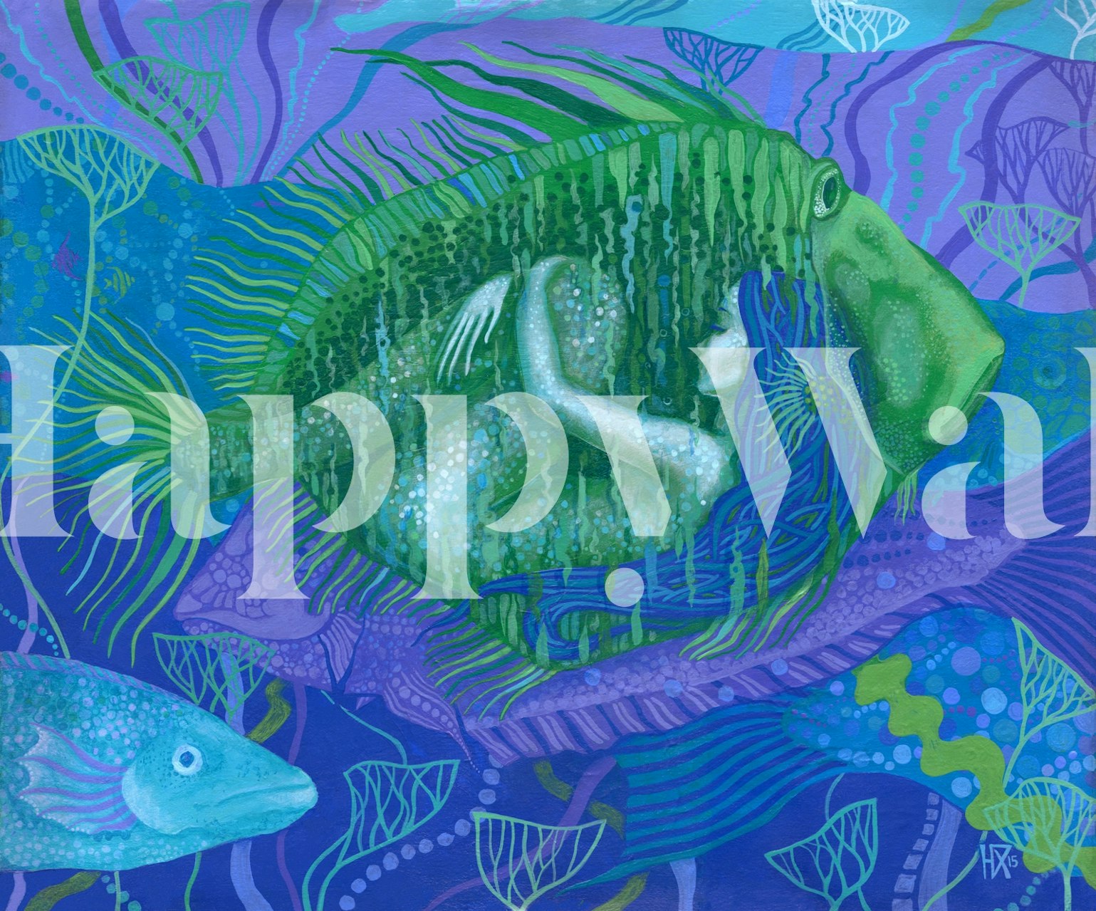 Underwater scene with mermaid and fish, blue and green hues, watercolor style wallpaper