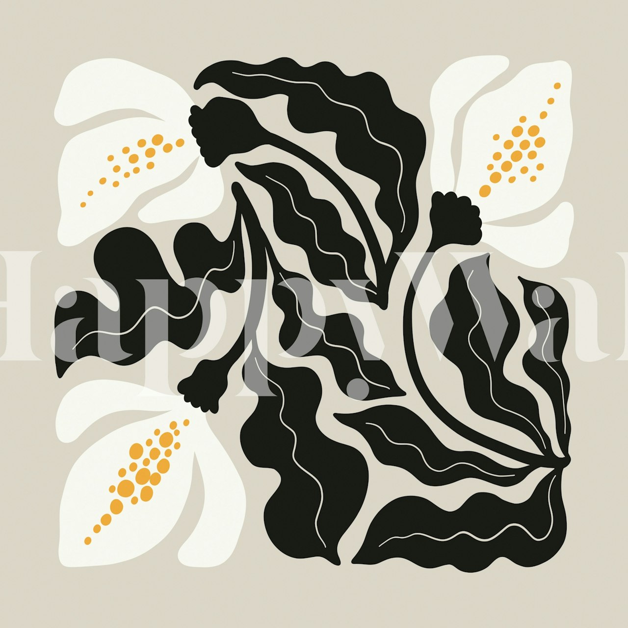 Black and white floral pattern with yellow accents wallpaper