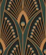 M geometric art deco peacock feathers green