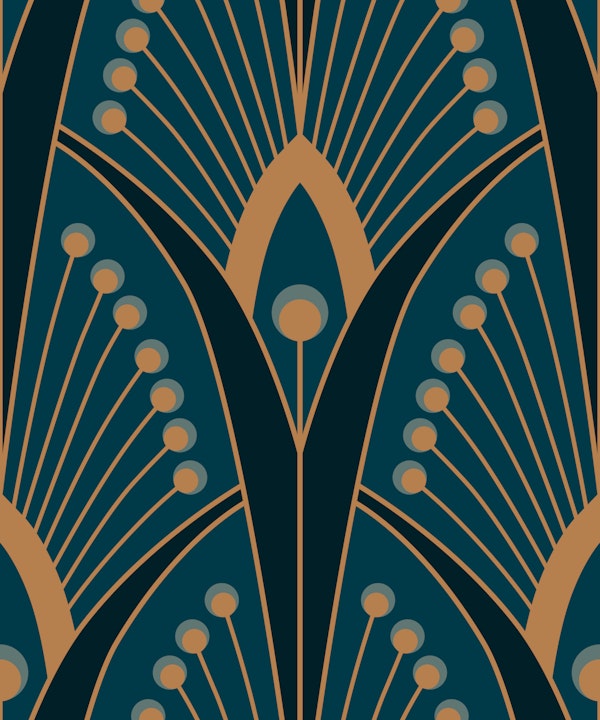 M geometric art deco peacock feathers teal