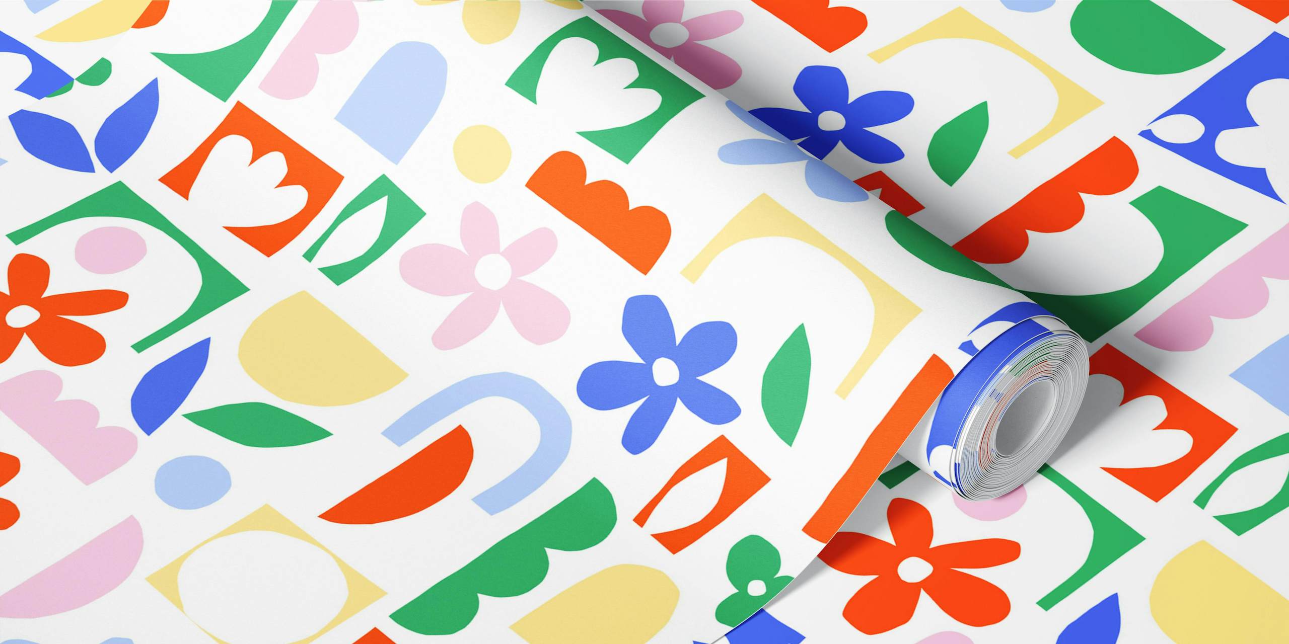 Vibrant floral shapes wallpaper displayed in a room