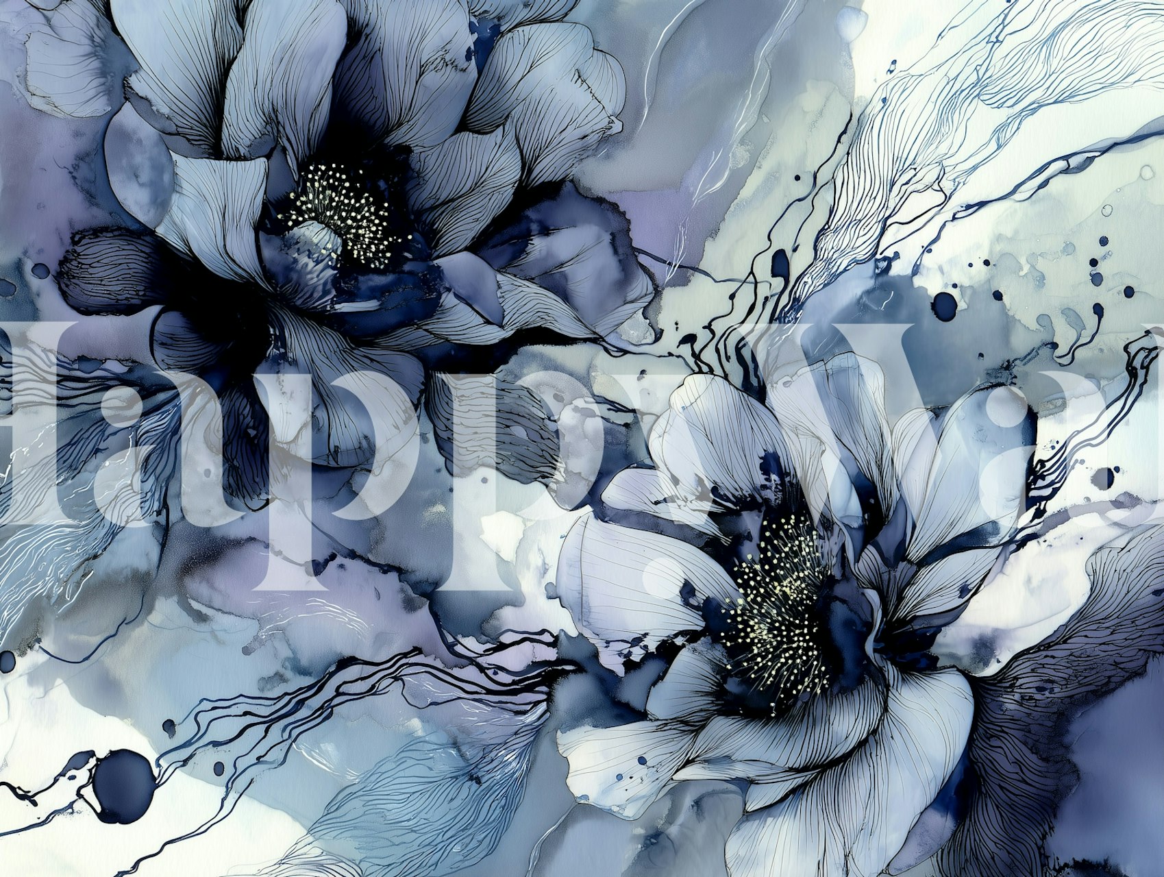 Indigo and blue floral design with fine line details wall mural