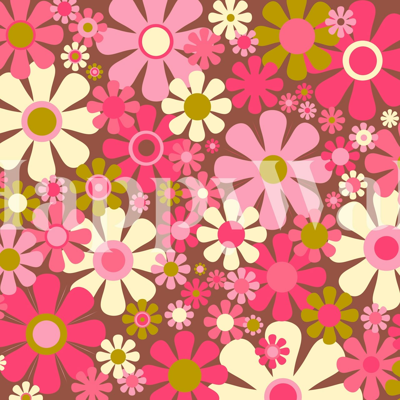 Colorful pink and yellow flowers on brown backdrop wallpaper