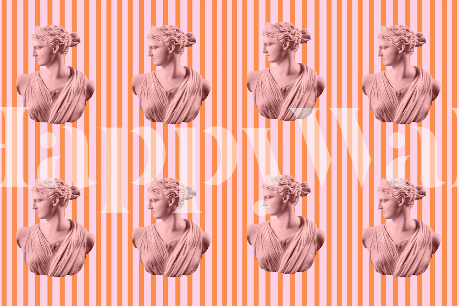 Classical busts on striped pink and orange wallpaper