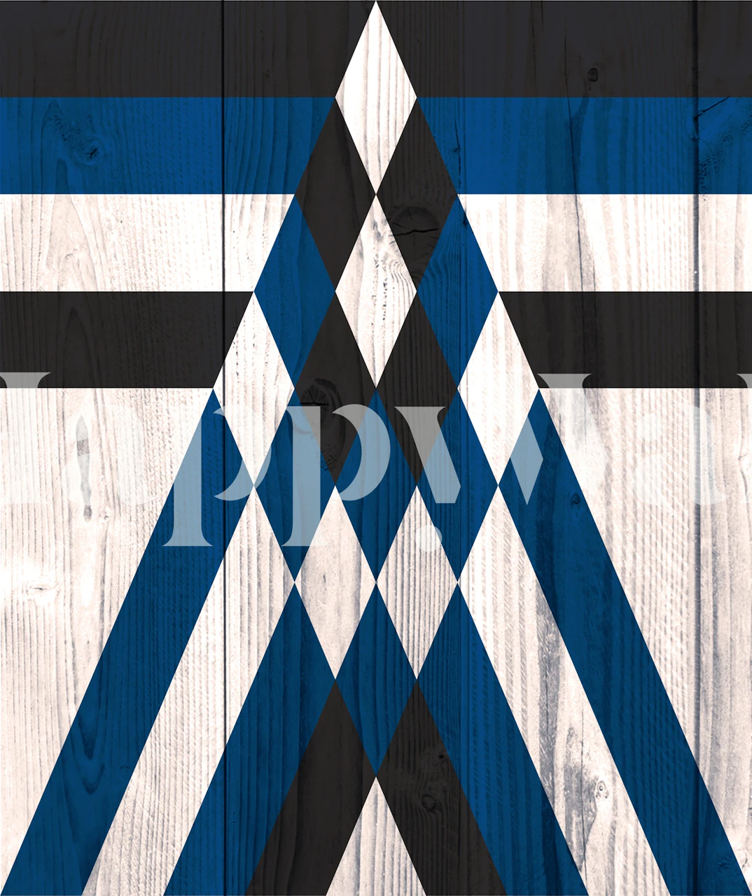 Geometric Wanderlust wall mural with blue and white angular patterns on a rustic wood-textured background
