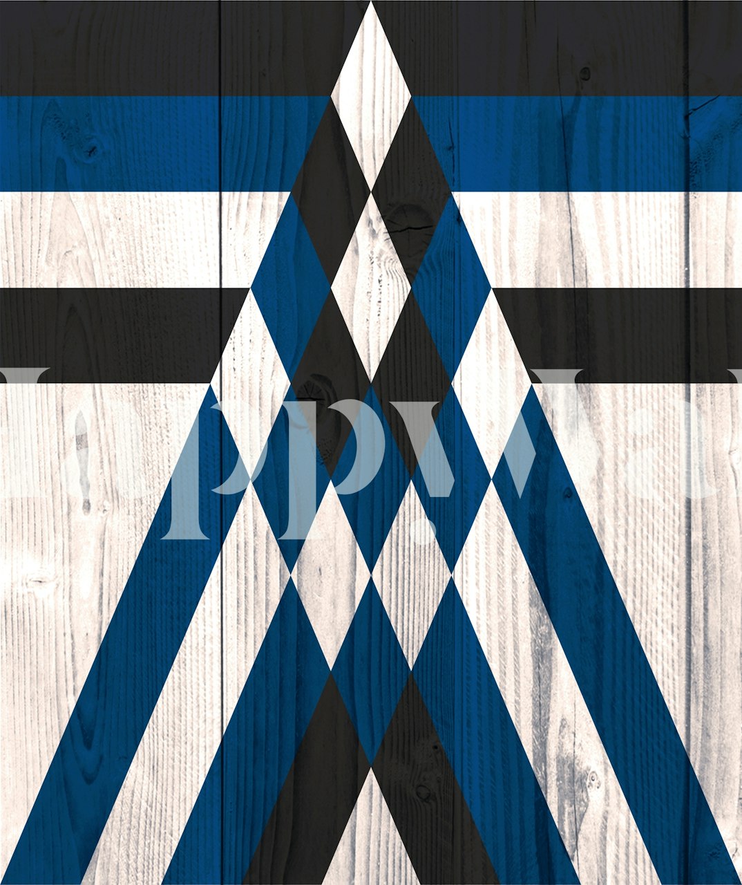 Geometric Wanderlust wall mural with blue and white angular patterns on a rustic wood-textured background