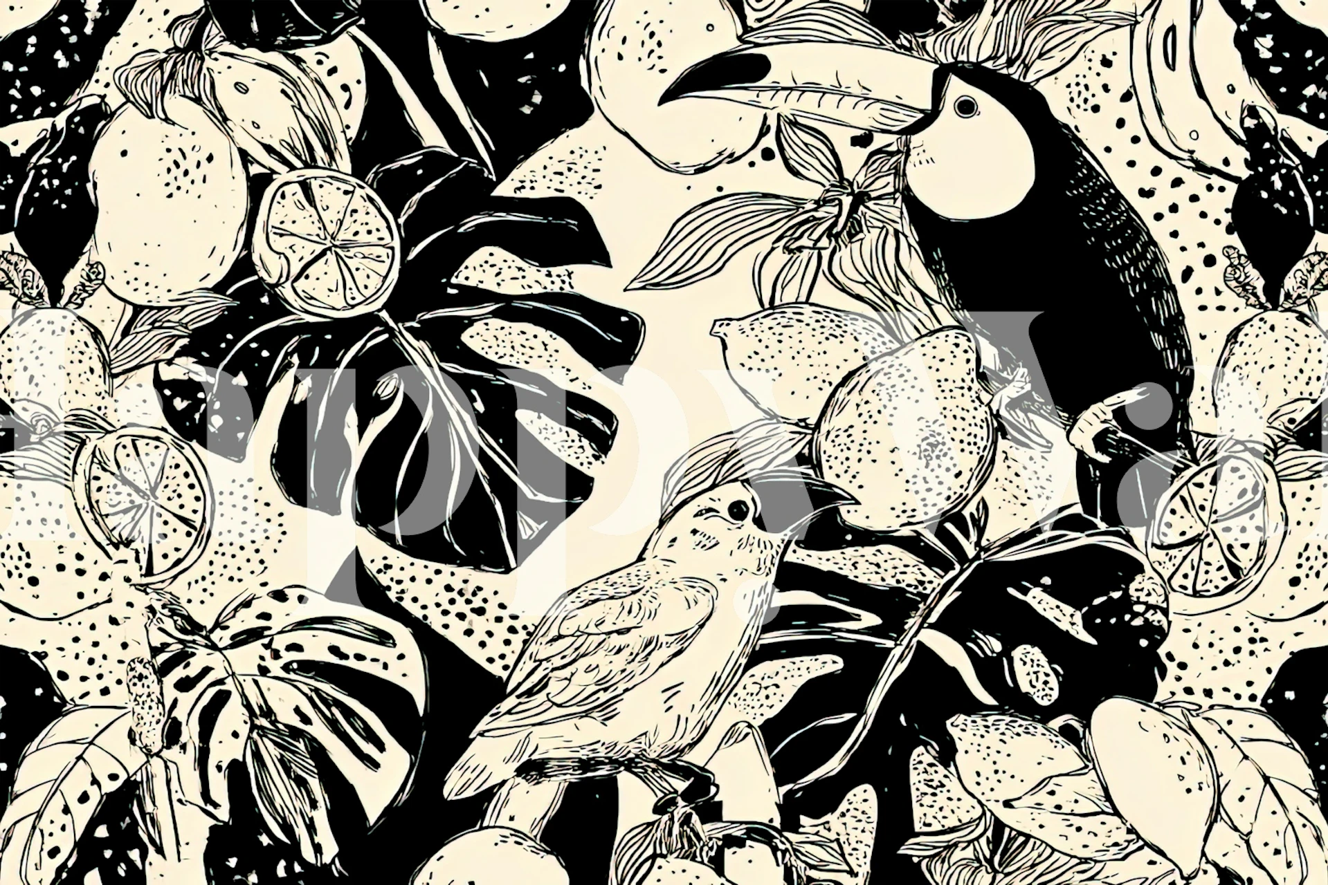 Tropical toucans and fruit against black background wallpaper