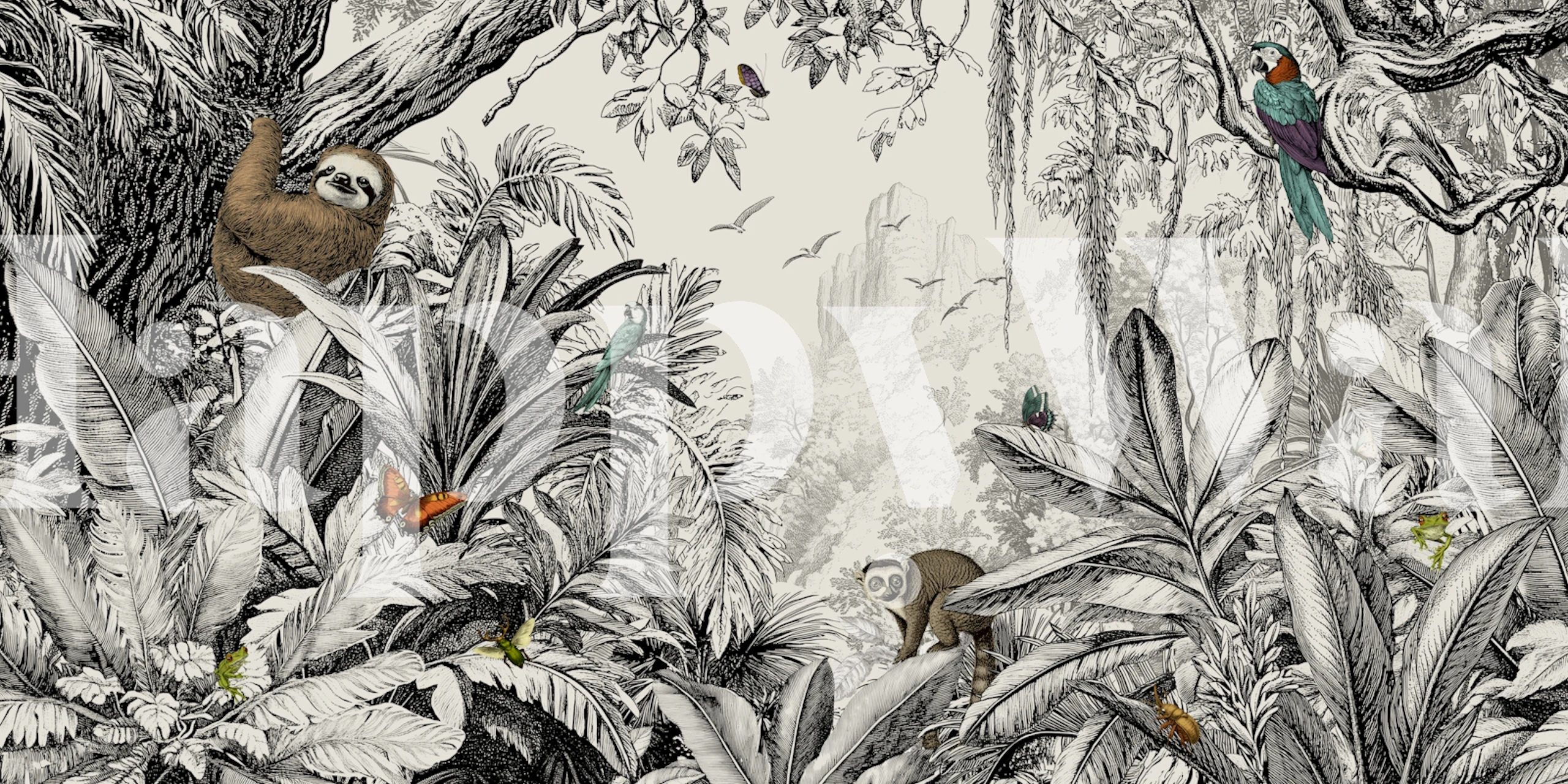 Black and white jungle scene with sloths, monkeys, and tropical plants wallpaper