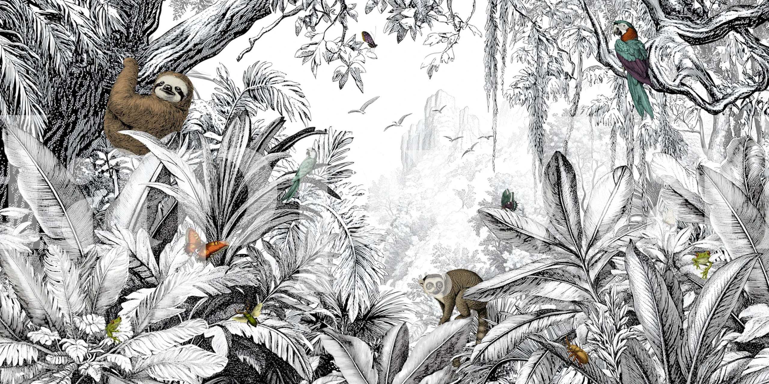 Jungle Vista black and white wallpaper design