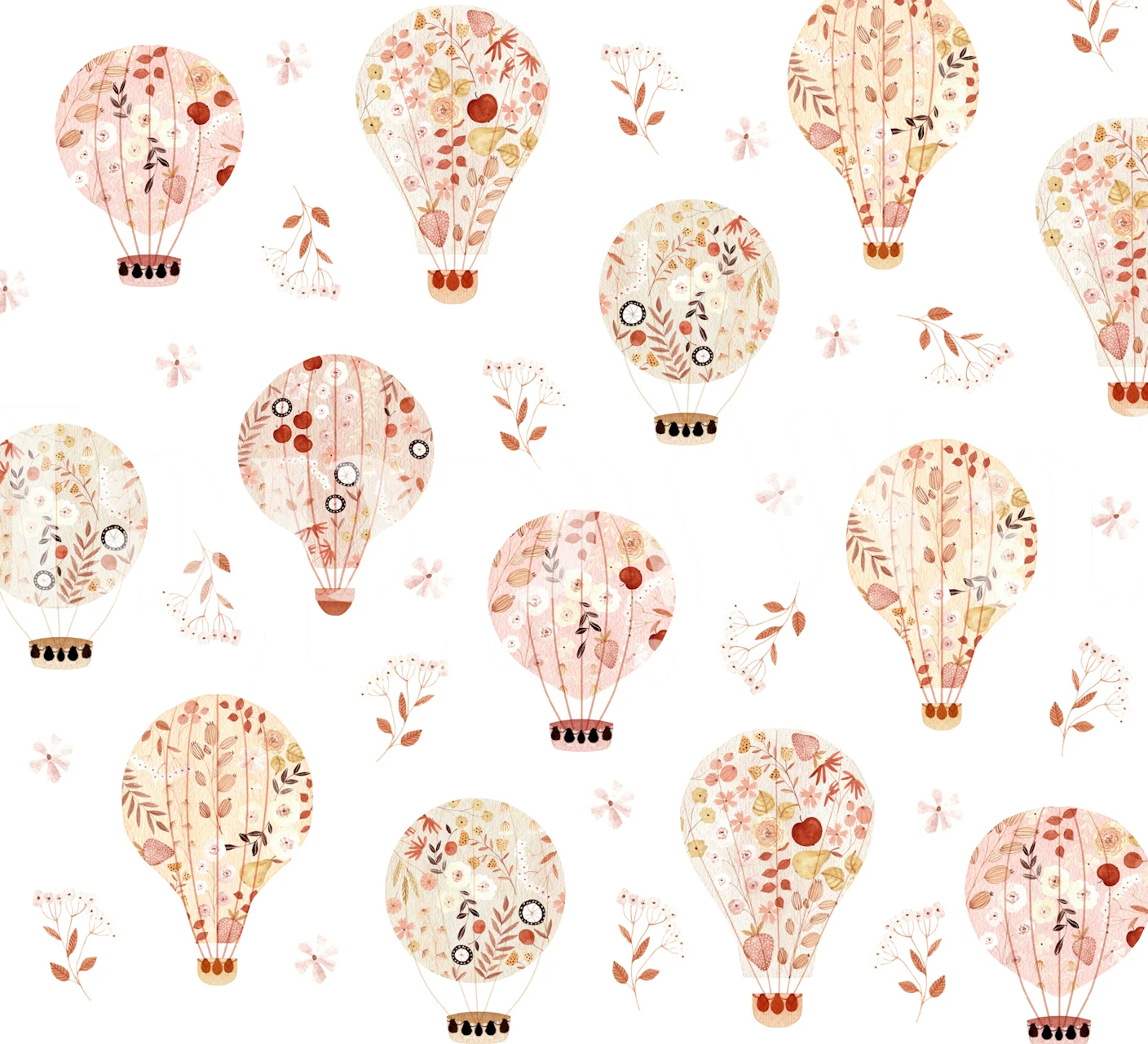 Pink floral hot air balloons on a white background wallpaper