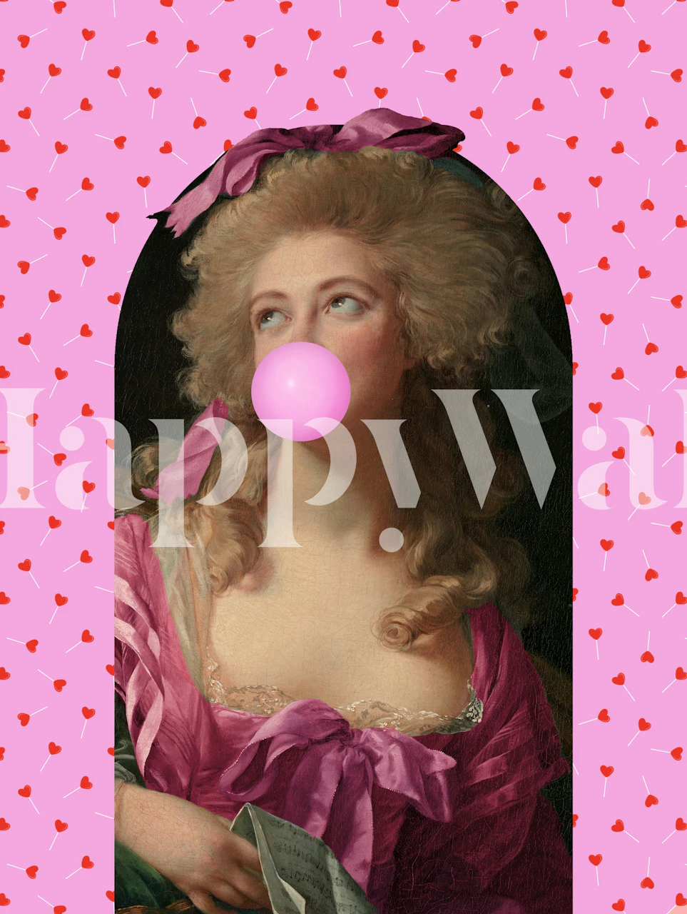 Vintage portrait with bubblegum on pink patterned background wallpaper