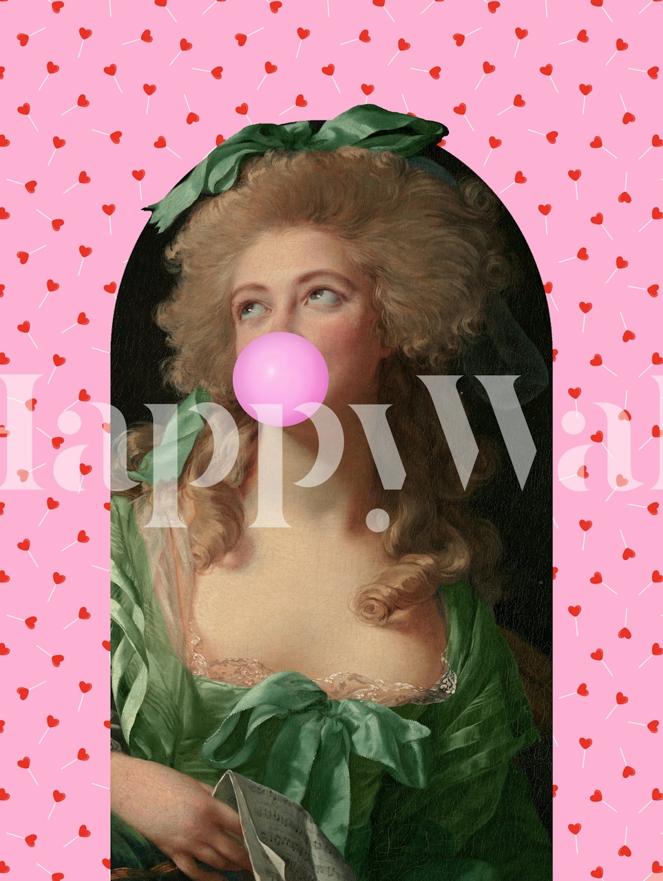Whimsical portrait with pink bubble gum on pink heart background wallpaper
