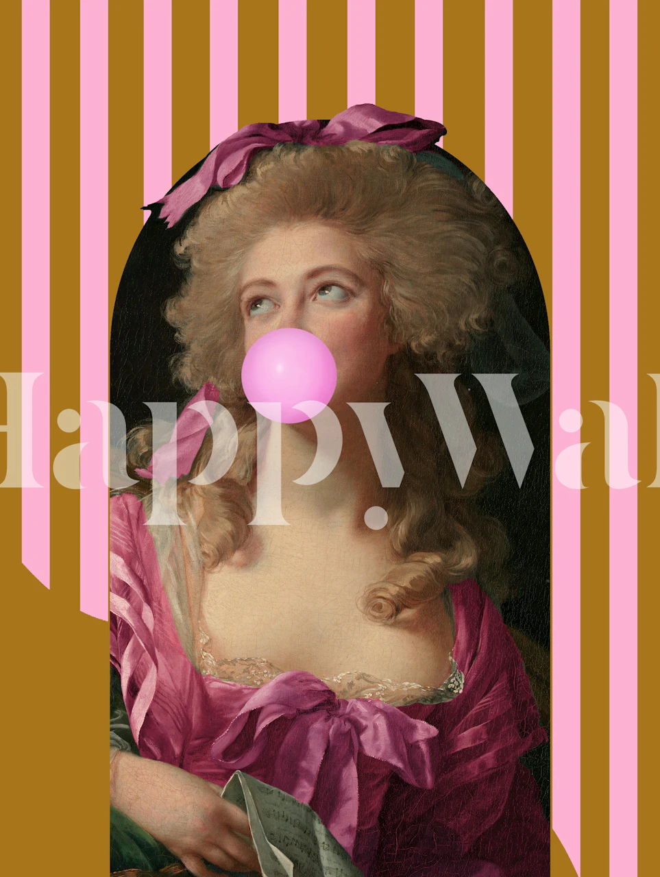 Vintage art girl with pink bubble gum and pink striped background wallpaper