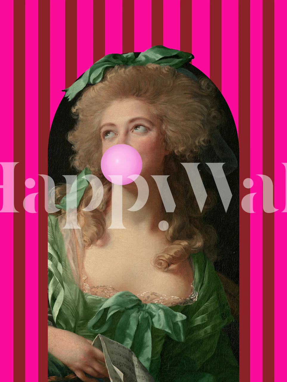 Vibrant pink striped wallpaper with a classic portrait of a woman blowing a bubblegum