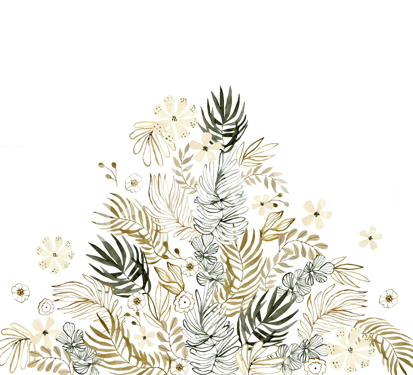 Botanical leaves and flowers in green and beige colors wall mural