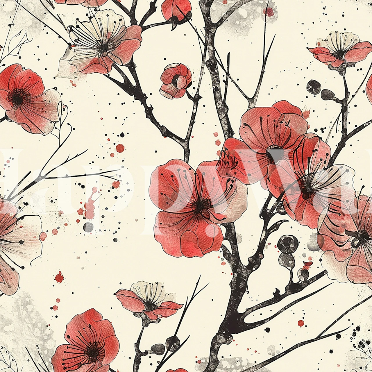 Red floral wallpaper with black branches and abstract splashes