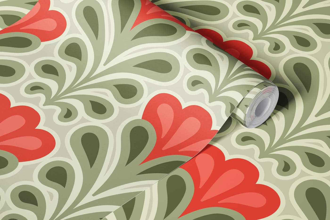 Vintage peony - lily blossoms green red wallpaper roll