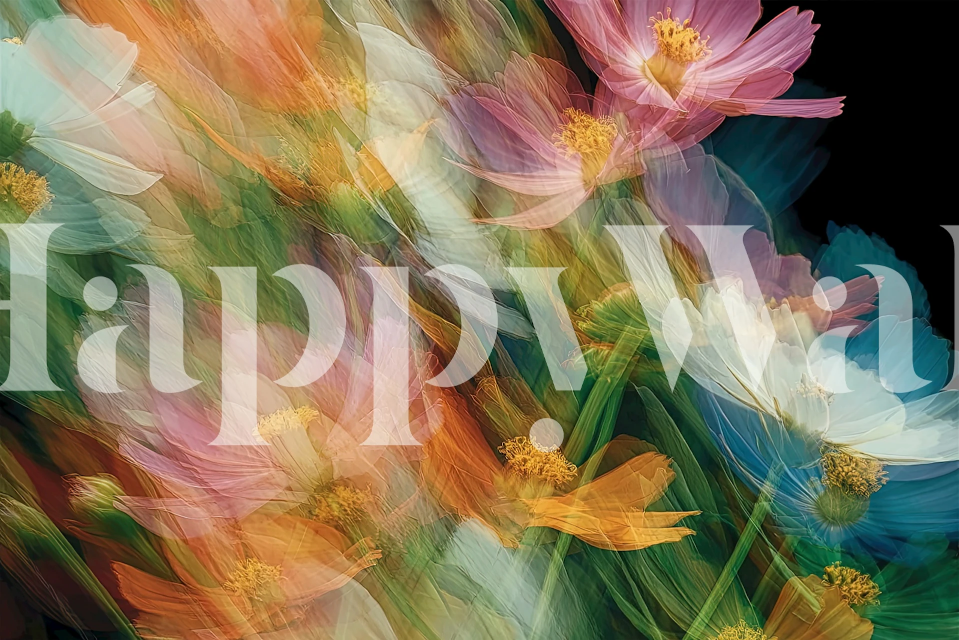 Colorful abstract floral wallpaper with pink, orange, and blue flowers.