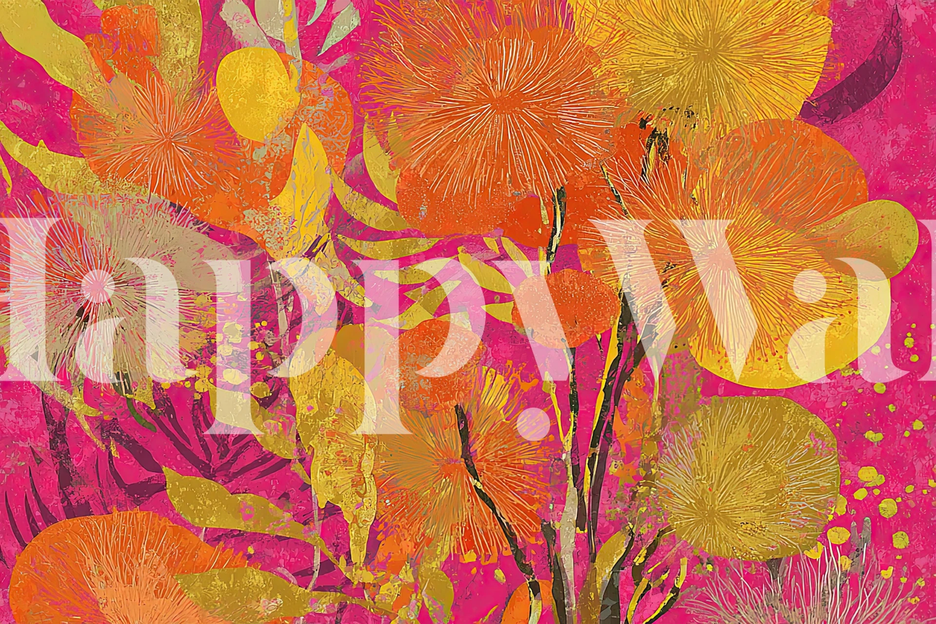 Vibrant floral burst wallpaper in a room