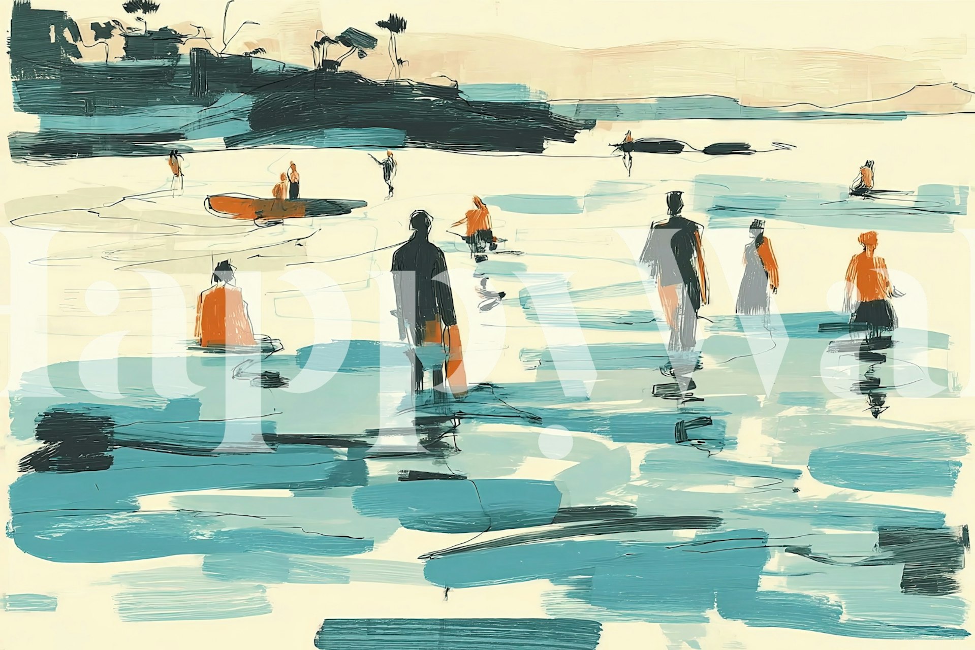Beach scene with figures in orange and blue tones, coastal illustration wallpaper