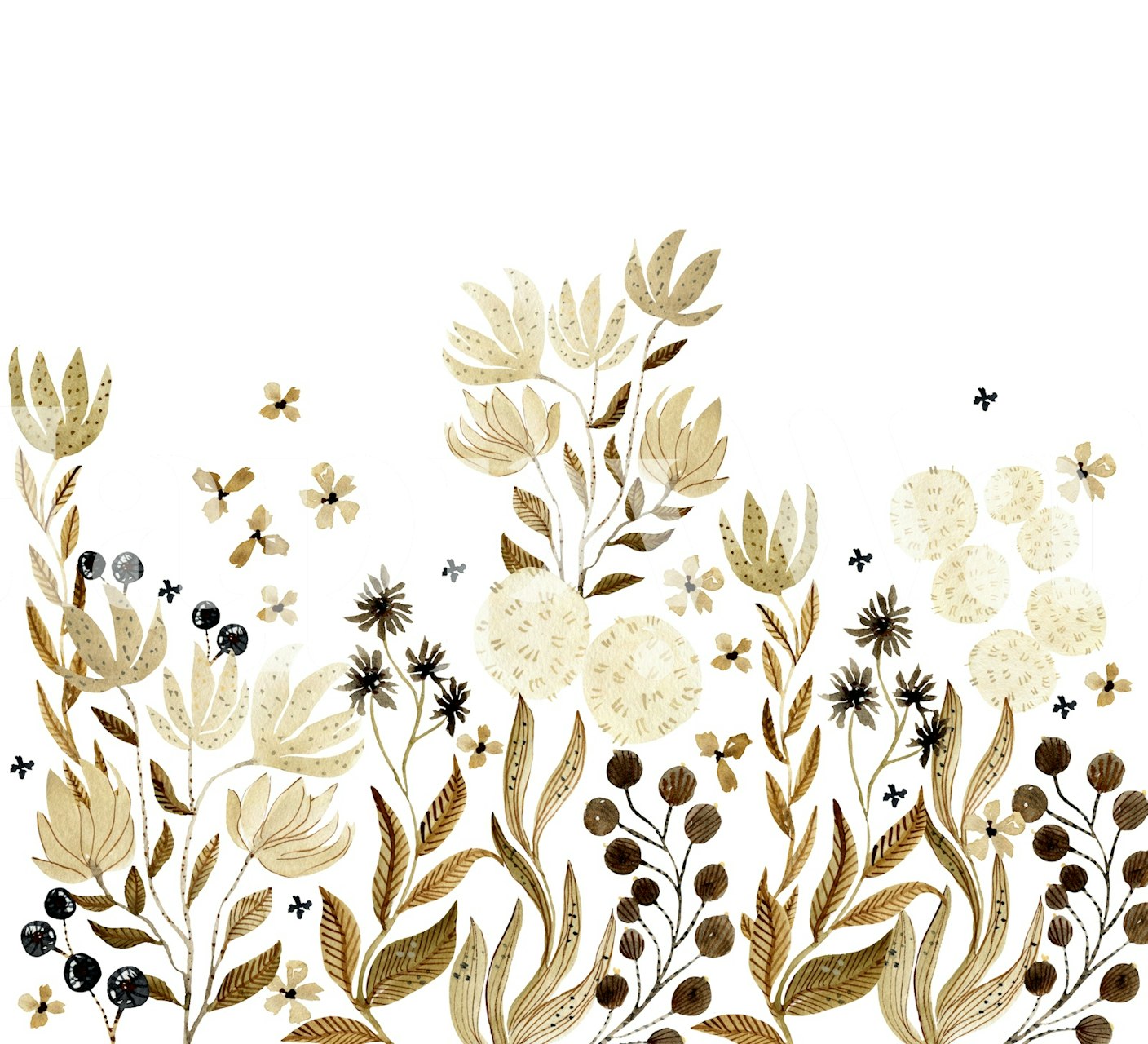 Floral pattern in tan and cream colors, watercolor style wallpaper
