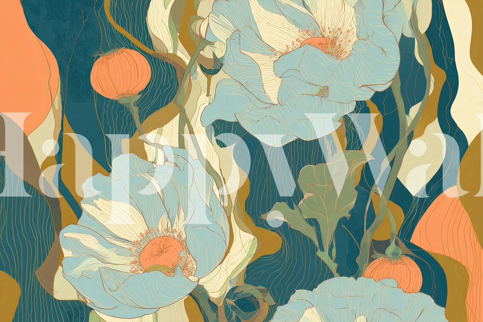 Fleurs stylisées en bleu et orange sur fond texturé wallpaper