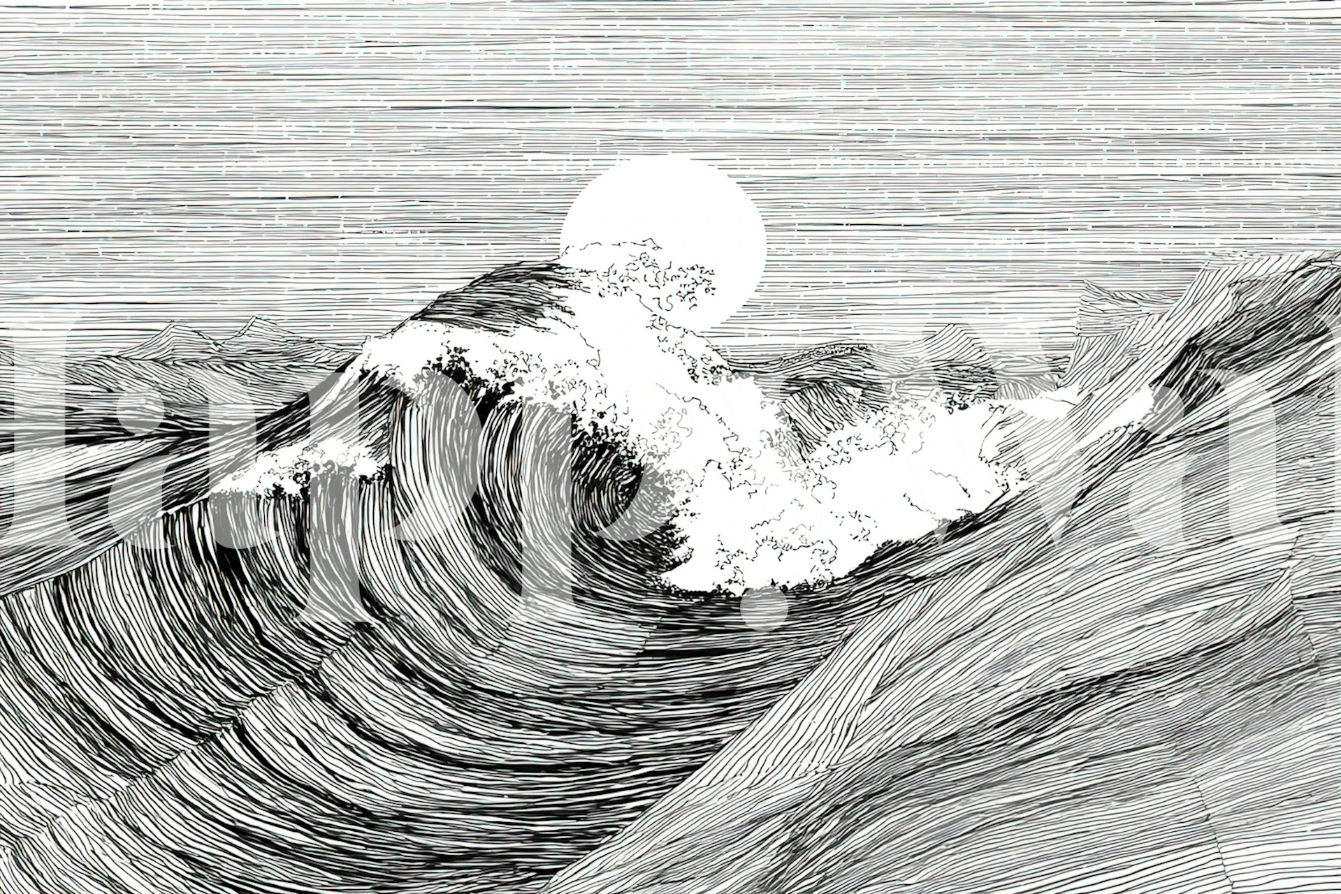 Ocean waves with sun in black and white lines wallpaper