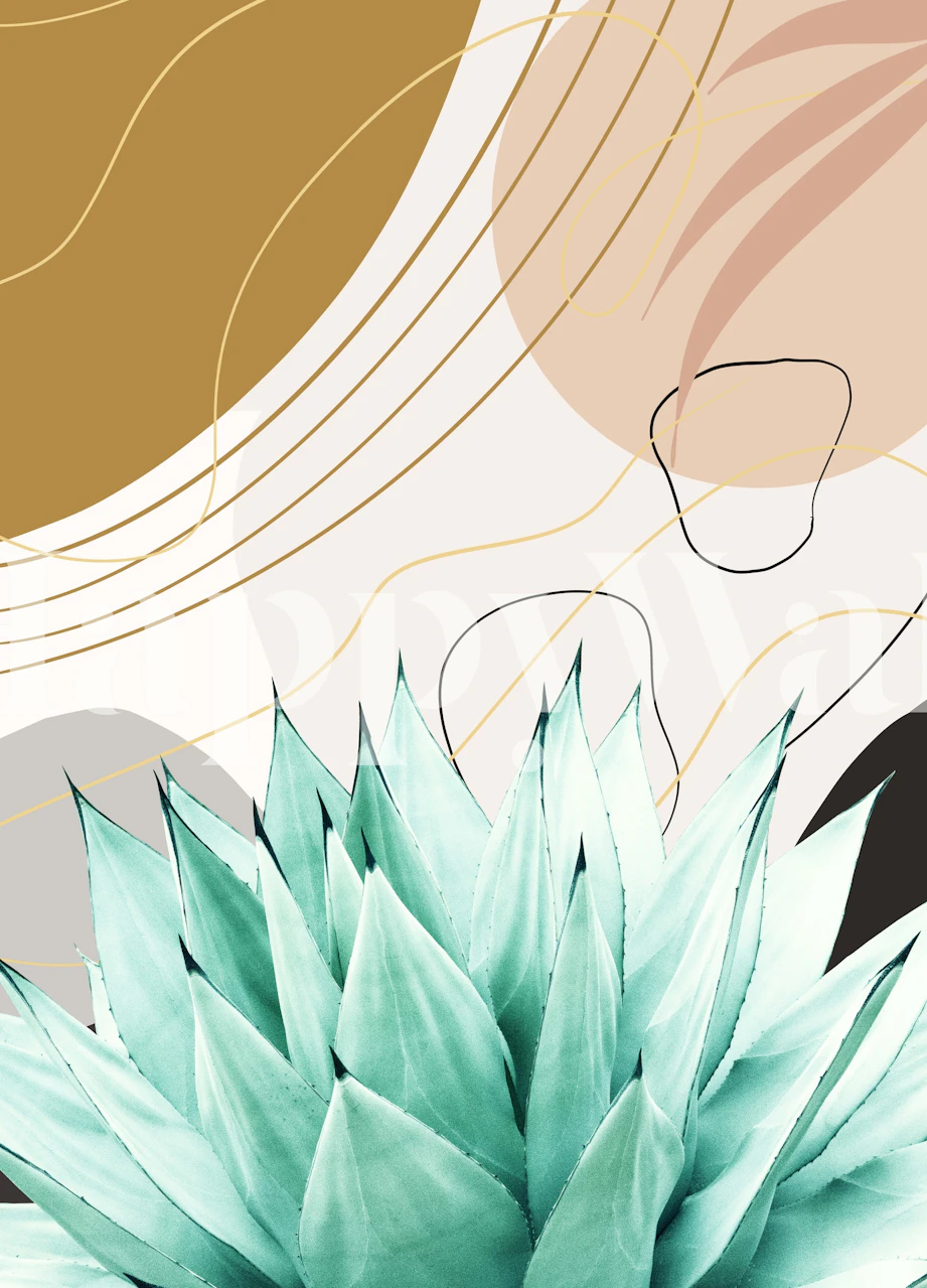 Stylized agave plant in an abstract design with taupe, cream, and gold accents on a wall mural