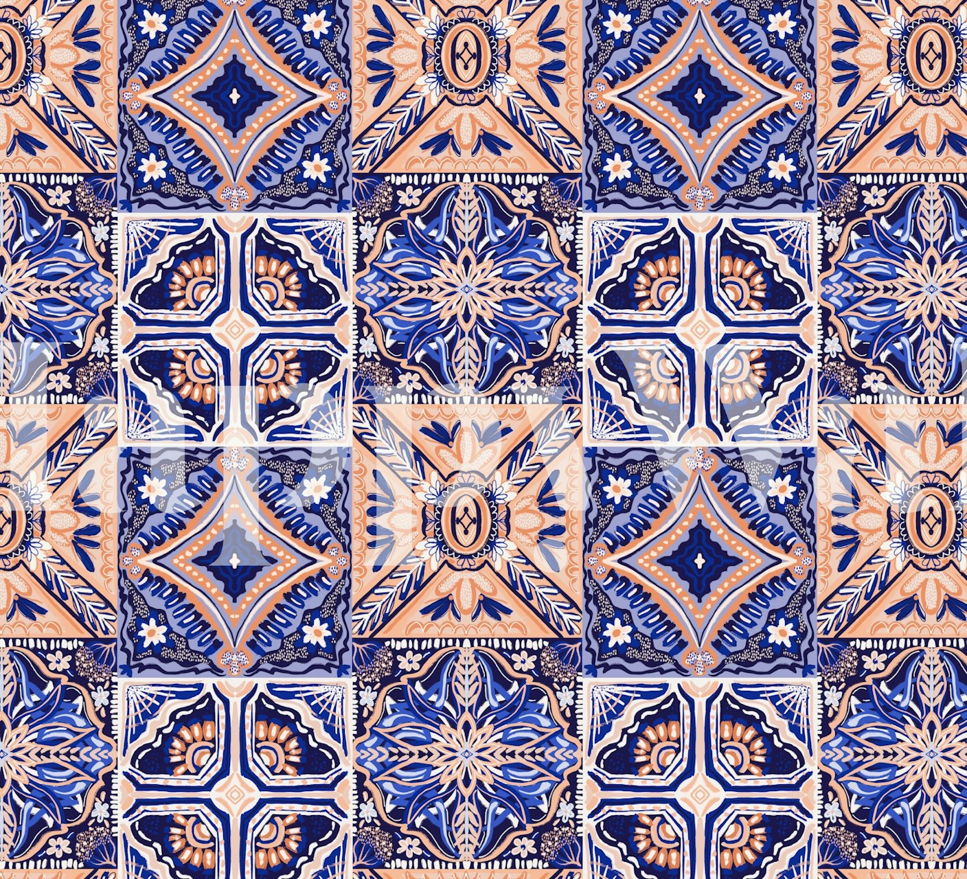 Blauwe en oranje wandtapijt in een kamer