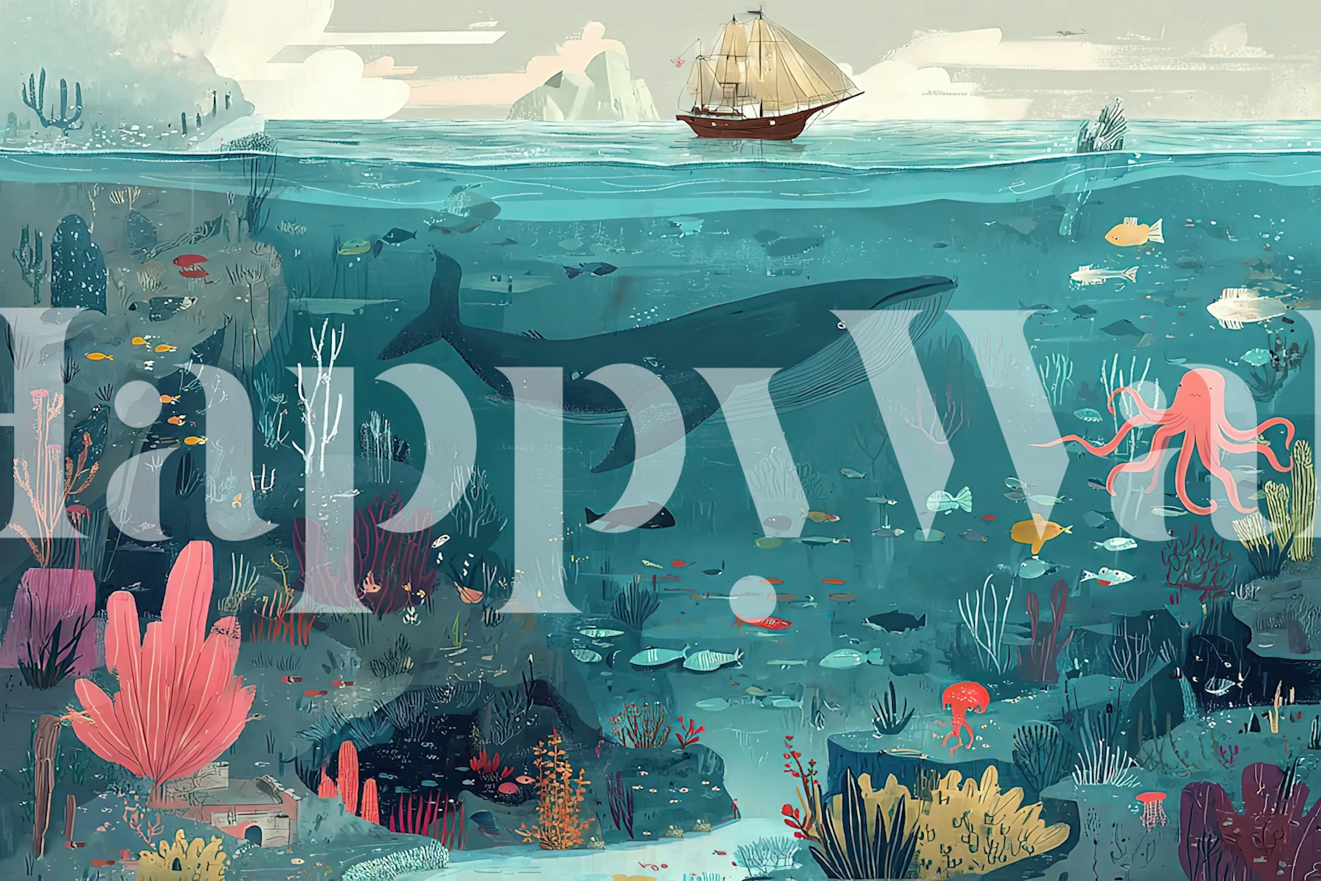 Underwater scene with a whale, fish, coral, and a ship. Oceanic wallpaper