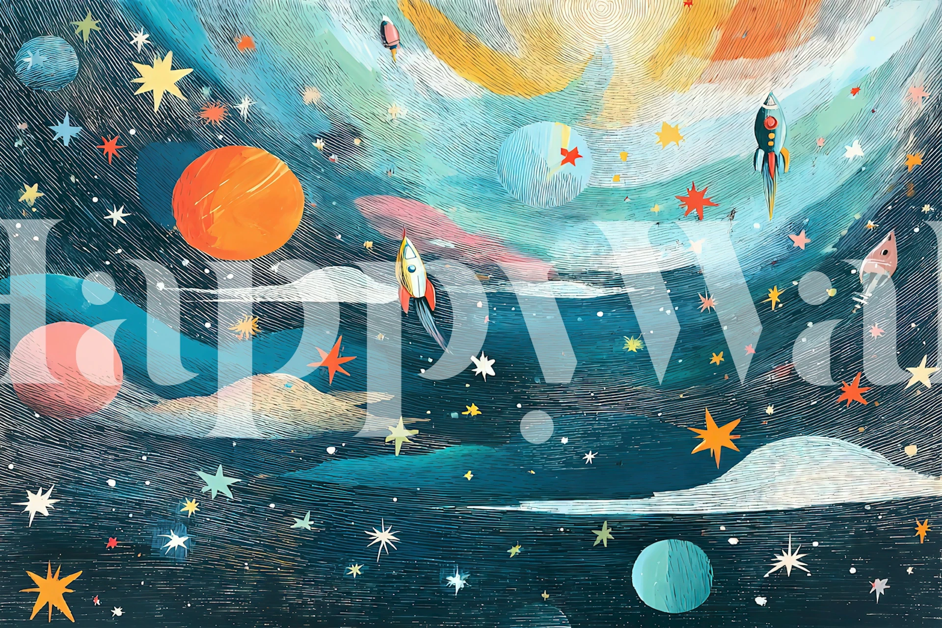 Cosmic Voyage wallpaper design with rockets and planets