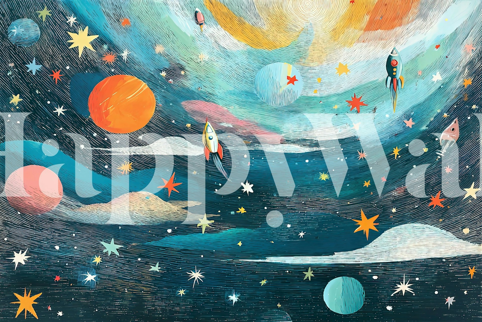 Diseño de papel tapiz Cosmic Voyage con cohetes y planetas