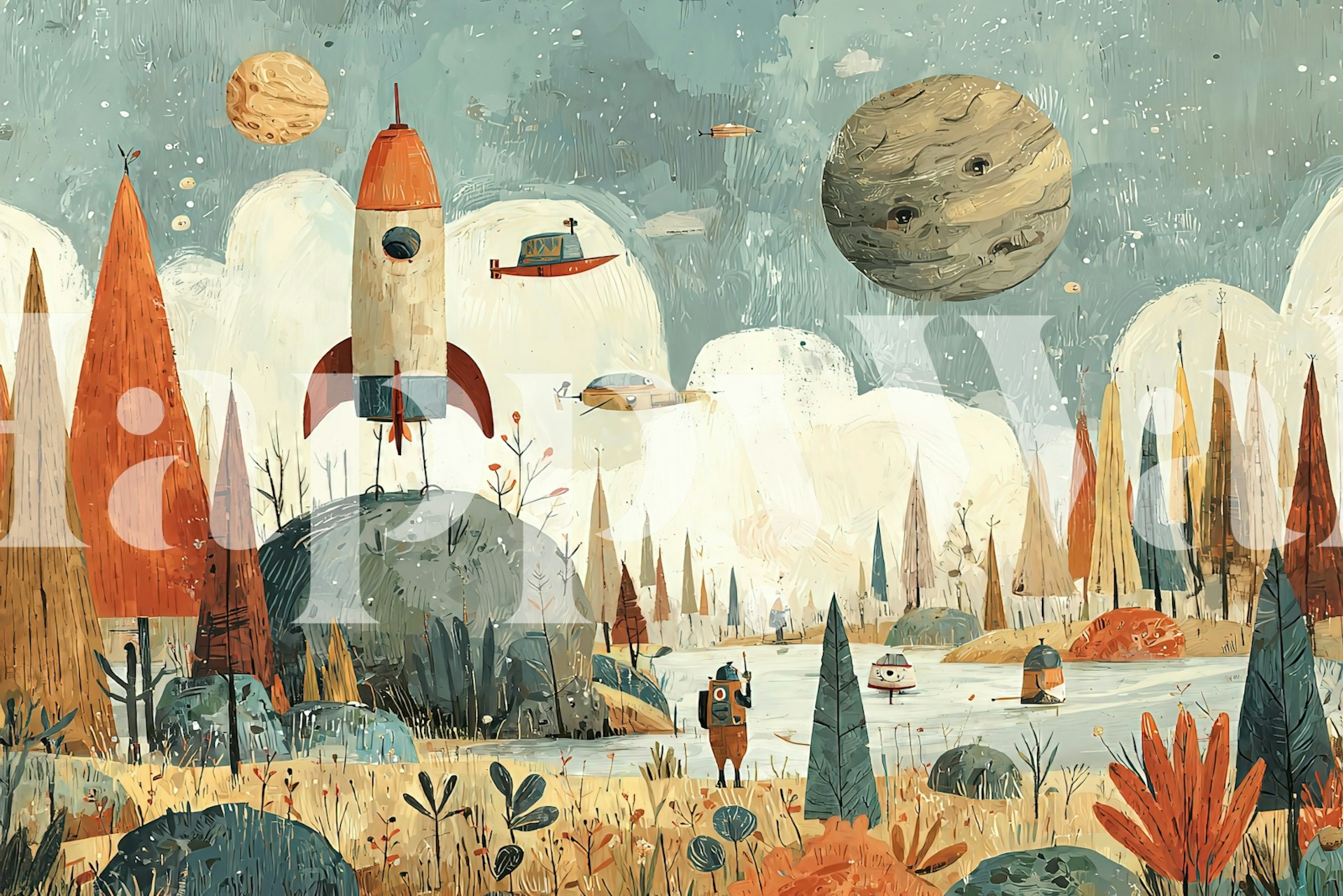 Rocket, planets, trees, and animals in colorful wallpaper