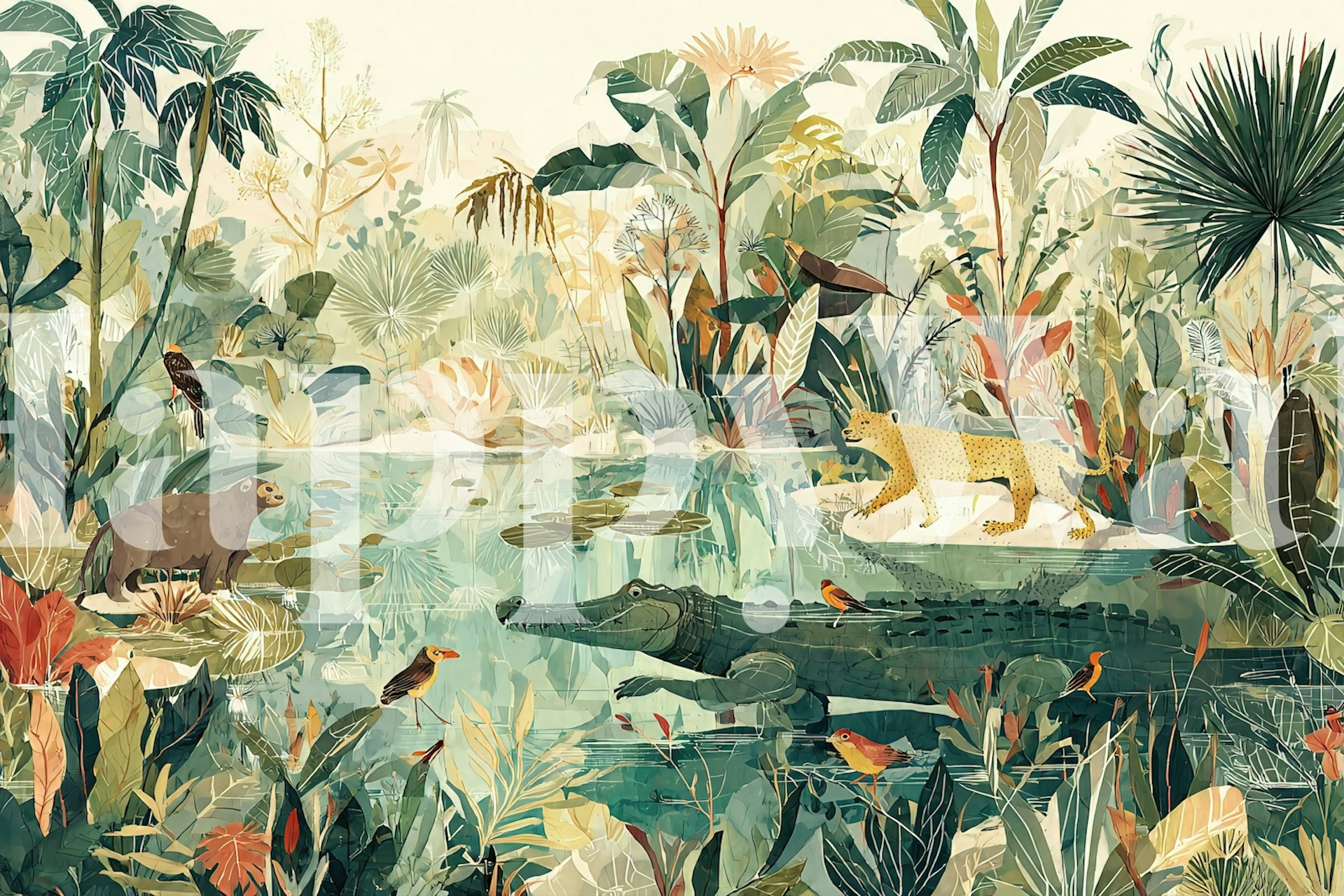 Tropical jungle mural with animals and lush foliage wallpaper