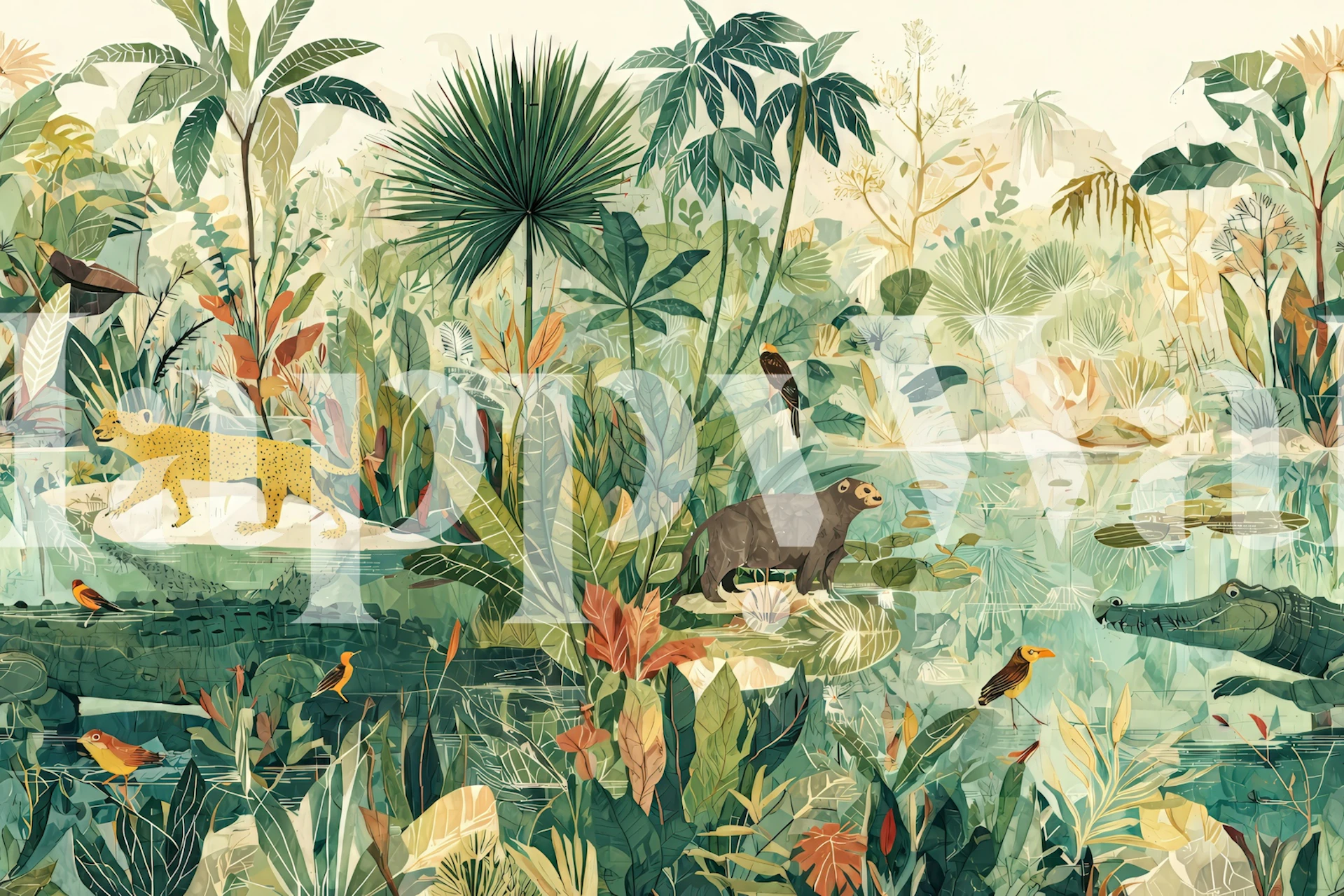 Tropical jungle mural with animals and lush foliage wallpaper