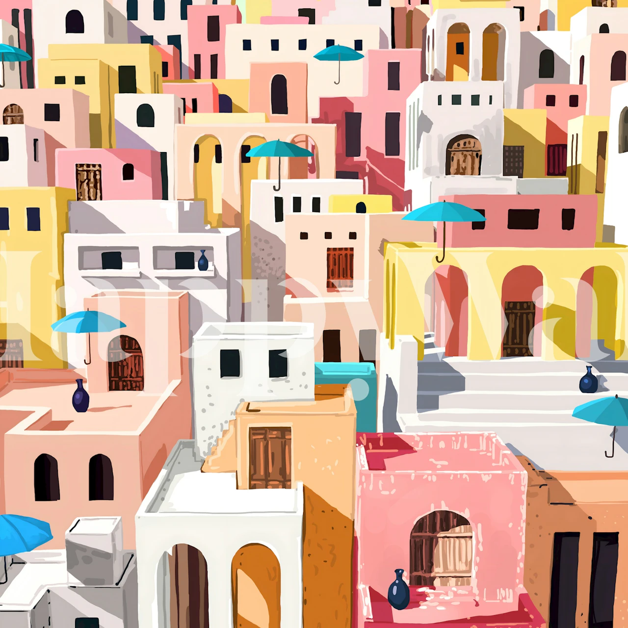 Colorful buildings with rooftops and shutters in pastel colors wallpaper