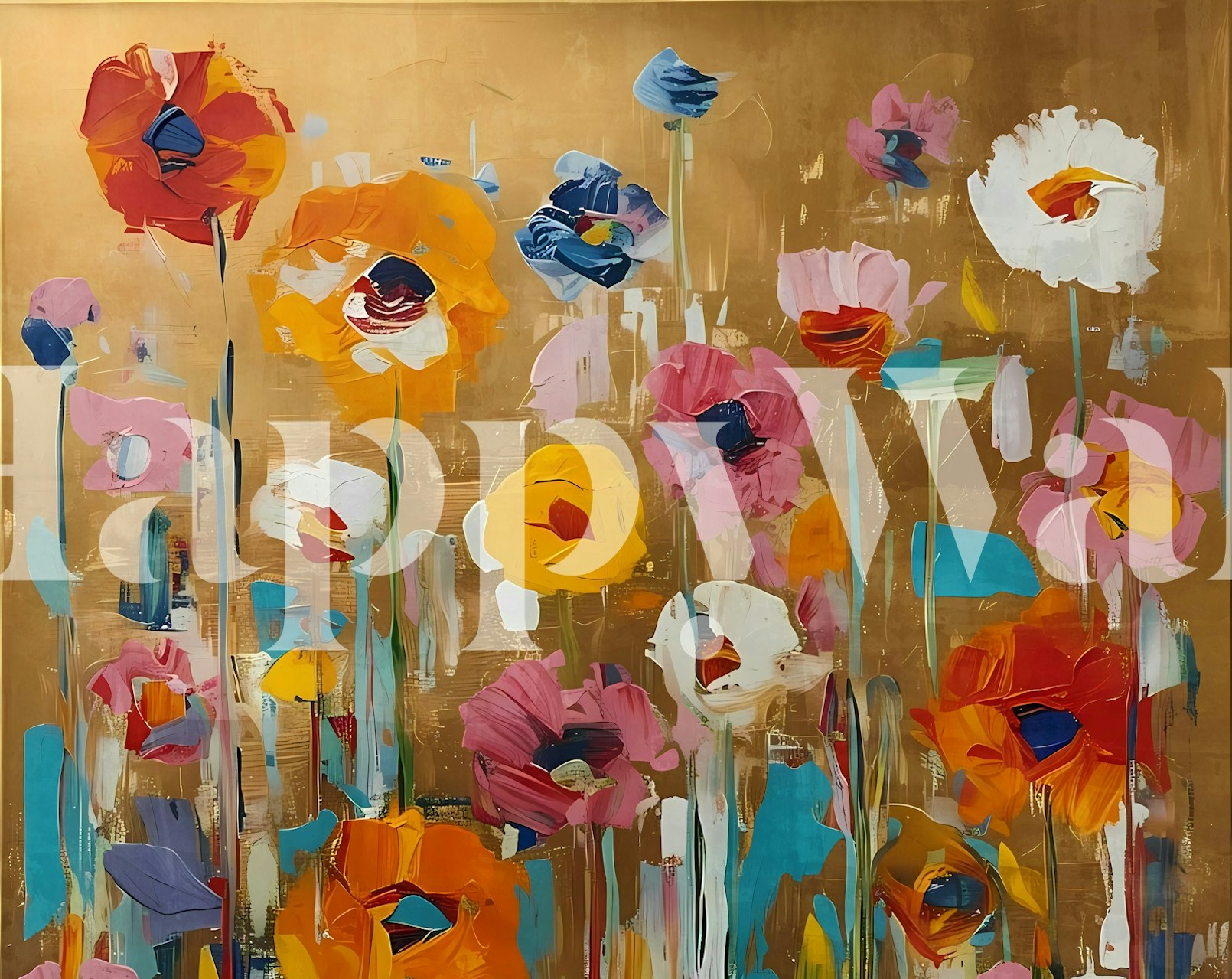 Colorful abstract flowers wallpaper in a room