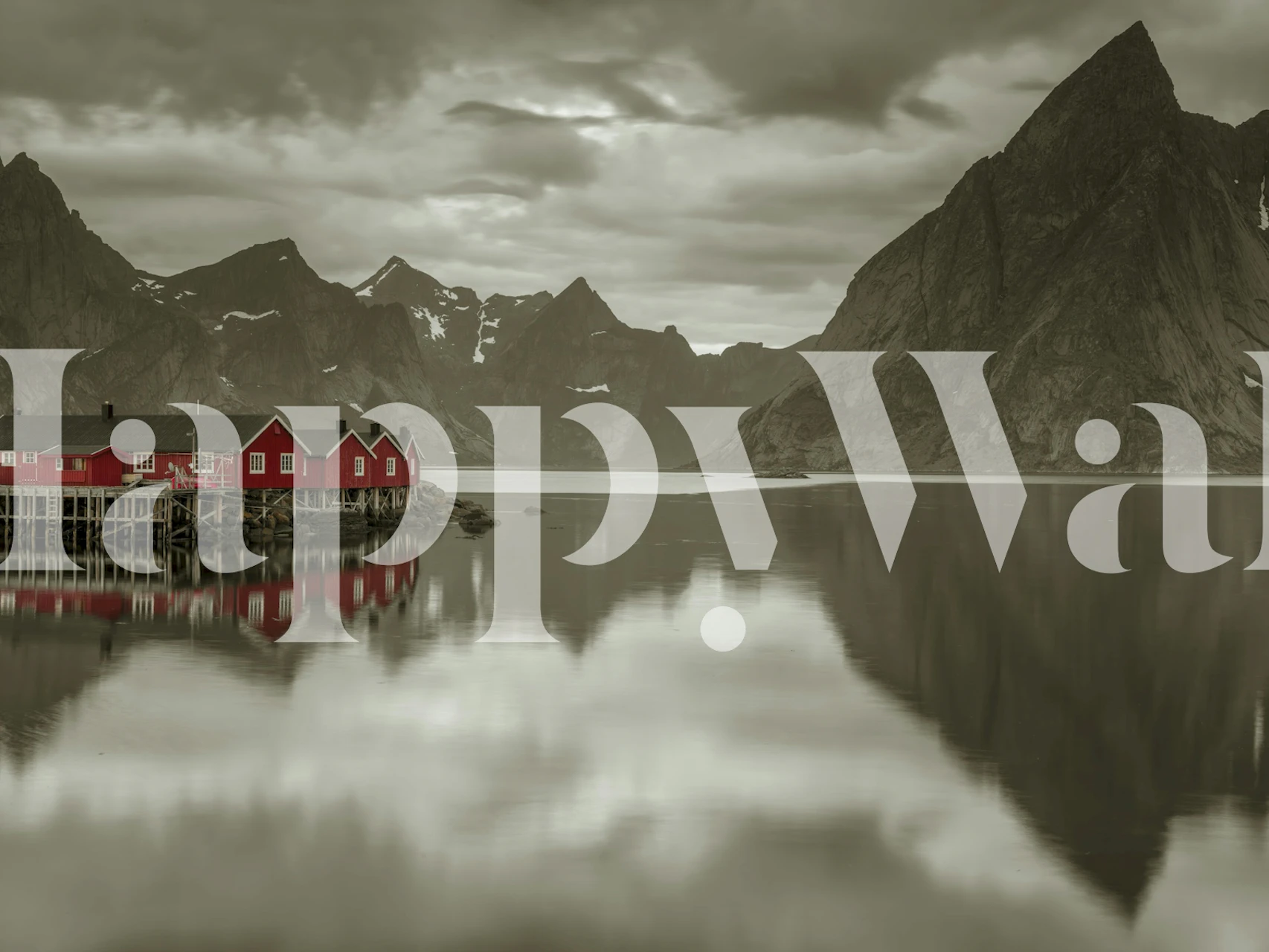 Lofoten Fjord tapet med røde hytter og bjerge