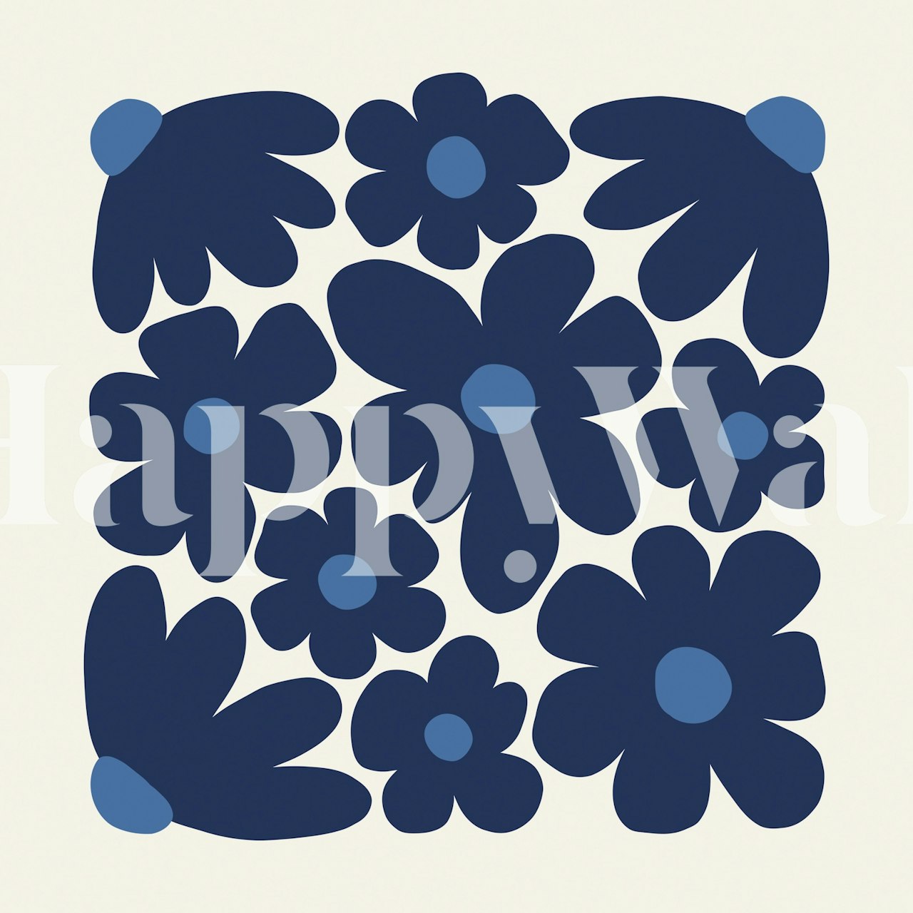 Blue floral wallpaper with large stylized flowers and leaves