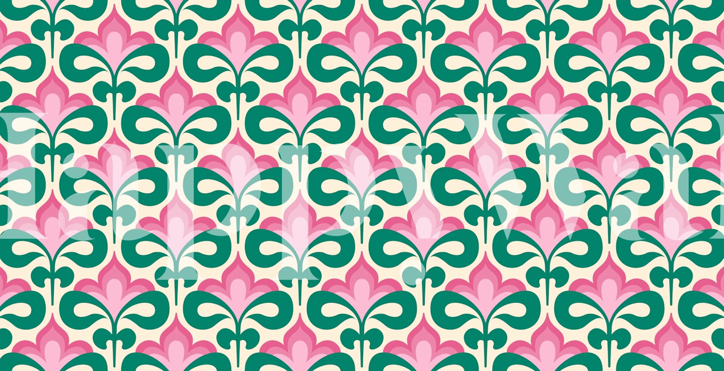 Pink and green floral retro wallpaper with vibrant motifs and shapes.