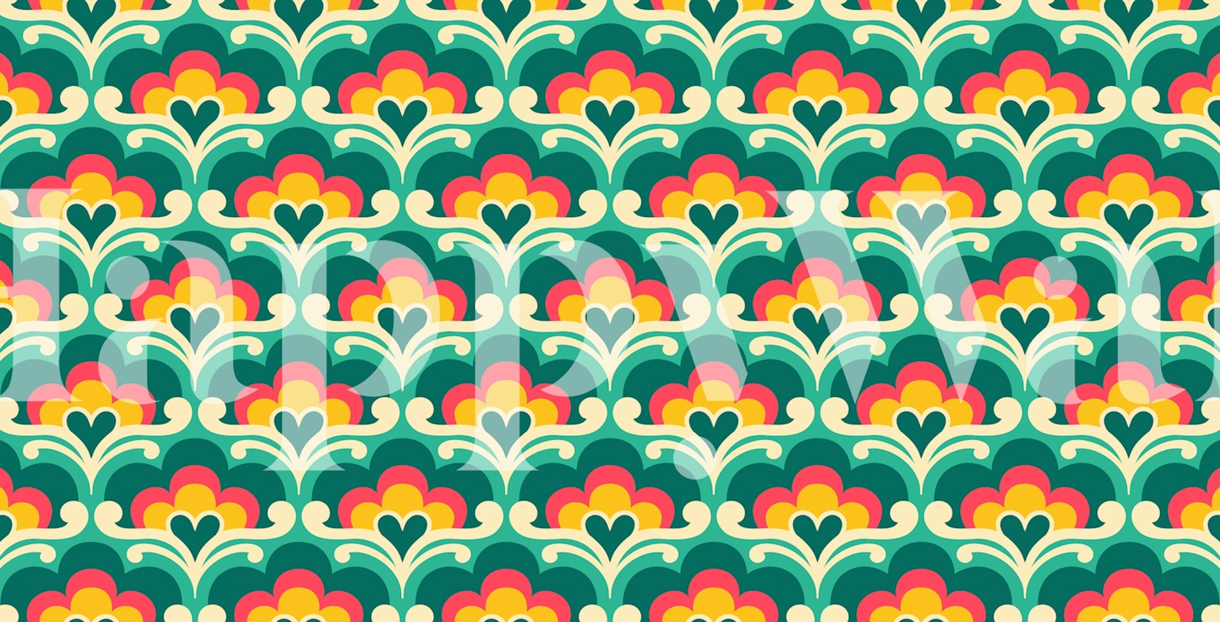 Retro floral pattern in green, yellow, and pink colors wallpaper